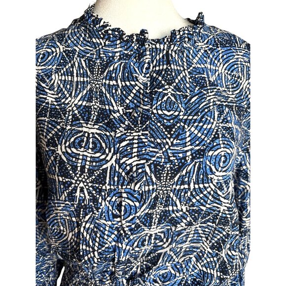 Maje Dress Size 42 / Large Printed Viscose Smocking Ruffle Indigo Black $385 - Picture 4 of 13